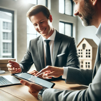 Immobilienmakler im Gespräch mit einem Kunden. Beide besprechen den Verkauf und zeigen auf ein Tablet in einem modernen Büro.