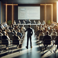 Formelle Versammlung einer Eigentümergemeinschaft in modernem Konferenzraum mit 20-25 Teilnehmern in Reihen sitzend.